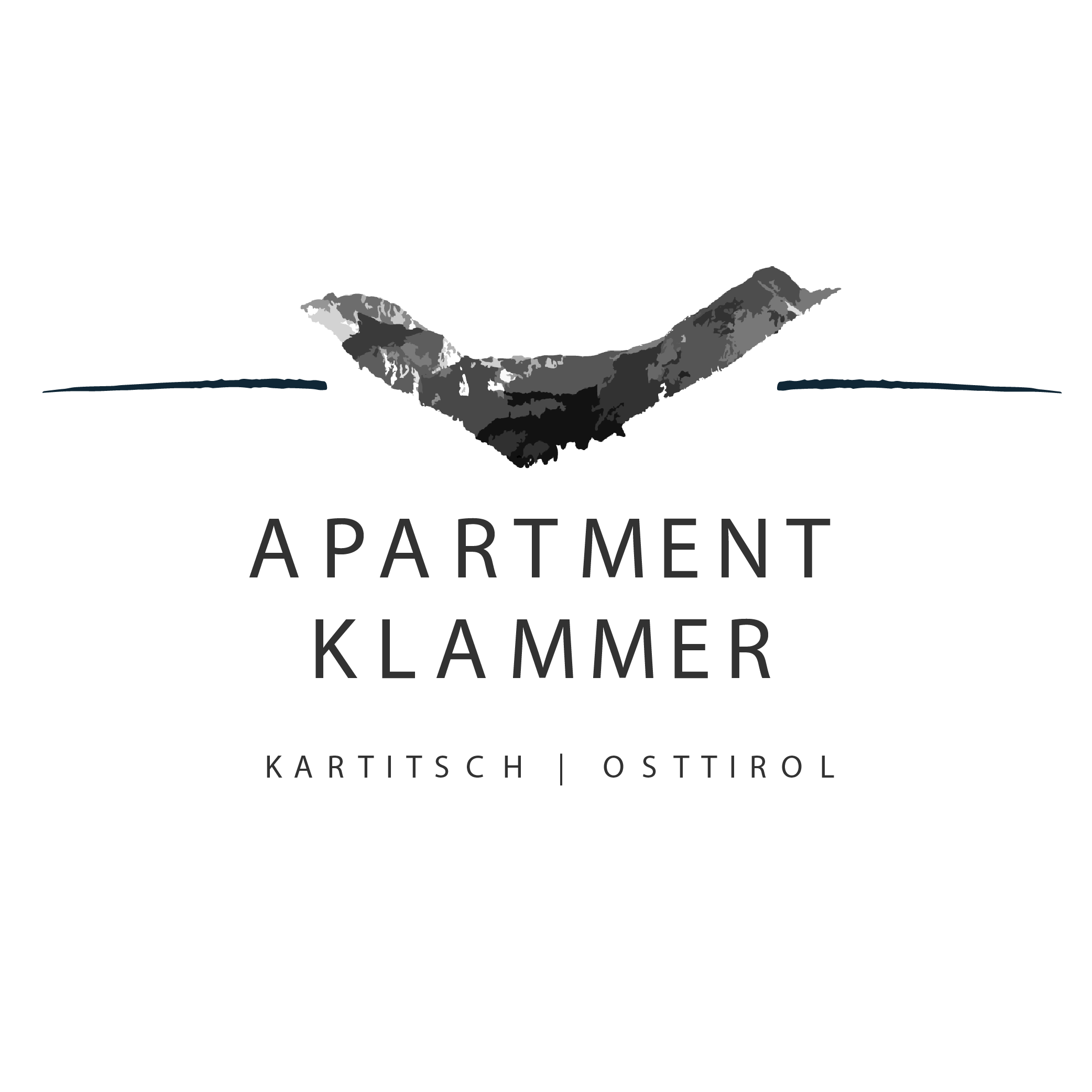 Das Logo zeigt die Berge in Kartitsch. Der Text lautet: Apartment Klammer. Kartitsch, Osttirol